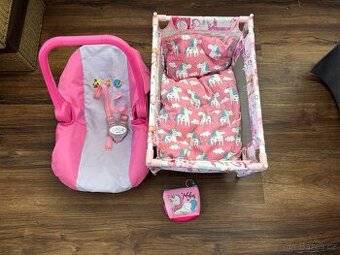 Postýlka a autosedačka pro panenky + peněženka jednorožec