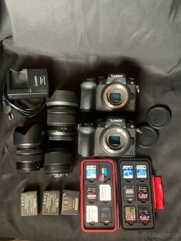 2x Lumix G7 + 3x objektiv + 13x paměťová karta + 3x baterie