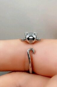 Nový dámský stříbrný prsten prstýnek 925 nastavitelný kočka