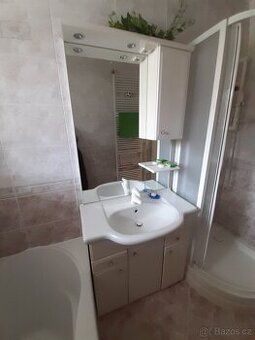 Koupelnová zrcadlová stěna se skříňkami a umyvadlem