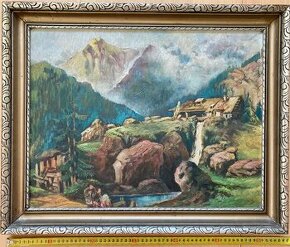 Originální malba – horská krajina s chalupou a vodopádem (au