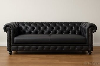 Luxusní černá kožená sedačka Chesterfield – 3místná
