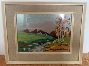 Ručně vyšívaný obraz – krajina (ve skle, rám 42 × 54 cm)