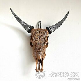 Skull Art Autentická ručně vyřezávaná hnědá lebka býka, 60cm - 1