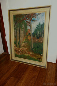 Pěkný,starý obraz-olej-lesní cesta na podzim od malířky H.L