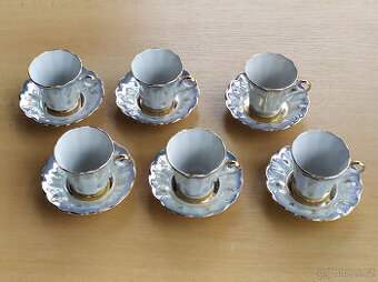 Stará porcelánová perleťová souprava 6+6 šálků s podšálky
