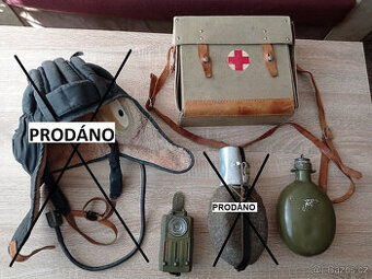 Vojenské: oblečení, lékárnička, čutory, svítilna, čepice aj.