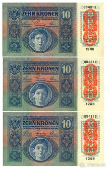 3x Rakousko bankovka 10 koruna 1915, UNC Po sobě jdoucí čísl