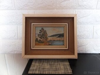 Pěkný starý obraz krajiny, malovaný na kartonu, široký rám.
