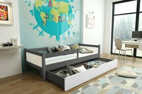 Nová dětská postel masiv šedá bílá  + matrace + šuplík