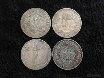 4 kusy stříbrných 5 korun RU F.J.I., každá mince jiná
