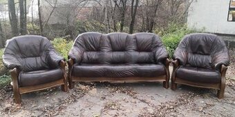 Kožená sedací souprava 3+1+1 s mas.dubovým dřevem