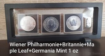 Set 3x Ag investiční mince + 1x Ag slitek Germania Mint.