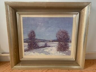 Obraz zimní krajina – rám se zlatou patinou, ve skle (71×62