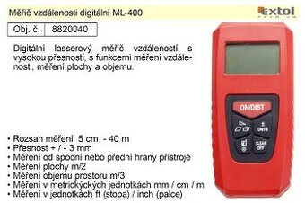 Digitální laserový měřič vzdálenosti Extol PREMIUM ML-400