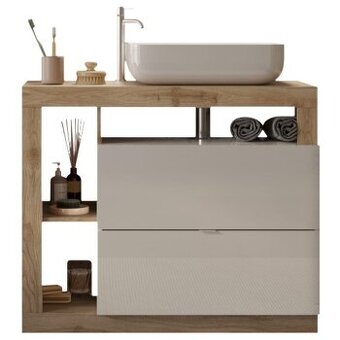 Umývadlová skrinka s umývadlom HAMBURG 10 - biela lesklá/dub