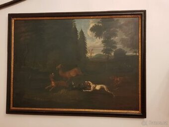 Historický lovecký obraz 150x90 cm 18 století zlatý rám olej