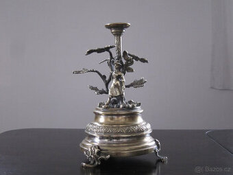 Starožitný kovový figurální svícen se stromem