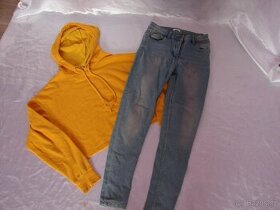 Žlutá mikina crop top ,vel.XS a džínky  elastické vel. 146 - 1