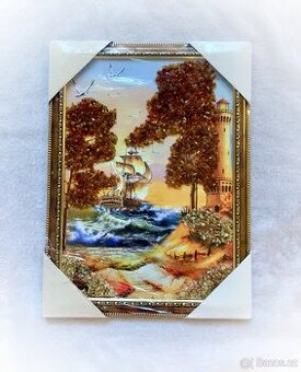 Luxusní jantarový obraz „Maják a plachetnice“ – originál