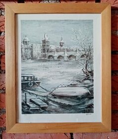 Grafika Prahy - Vltava, Karlův most, lodě - 1