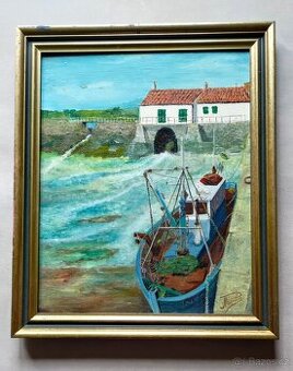 LOĎ U ZDYMADLA NA OSTROVĚ RÉ /1989/olej na plátně