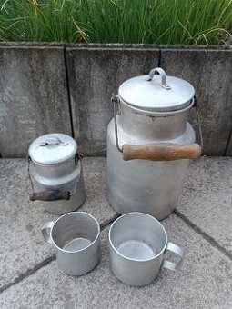 Retro hliníkové konvice s víkem (bandasky) + hrníčky