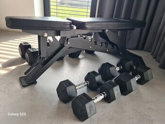 Jednoruční činky (4 páry) + lavice GymBeam