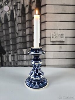 Vintage keramický elegantní svícen - kobaltově modrá