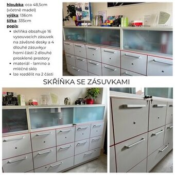 2 skříně se zásuvkami na závěsné desky ze zubní praxe