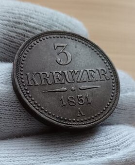 Méďák RU 3 Krejcar 1851 A František Josef I.. Krásný Vzácněj