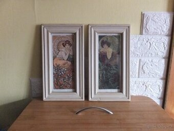 Alfons Mucha, dva zasklené staré obrazy.