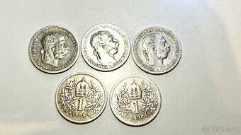 Starožitné mince Franz Josef a 5 Marka - stříbro 159 Kč