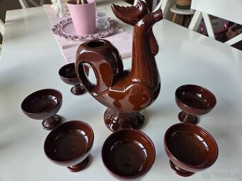Retro keramická sada na likér – Kohout a 6 kalichů