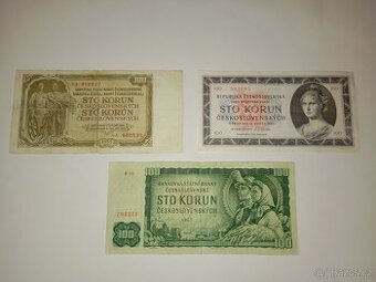 BANKOVKY 100 KČS 1945-1961, 3 RŮZNÉ EMISE