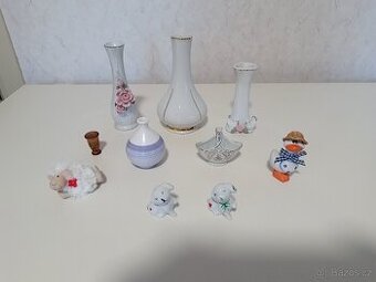 Porcelánové vázičky, košík, pejsek, ovečka, kačer