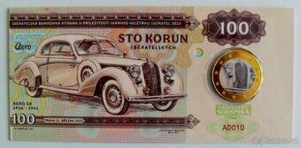 Sběratelský blistr s motivem vozu Aero 50 na medaili