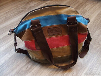 Pruhovaná látková kabelka hnědo-khaki-růžovo-modrá