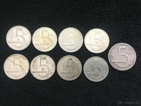 9 kusů 5 Kč, mince První Republika ČSR 1926 až 1930