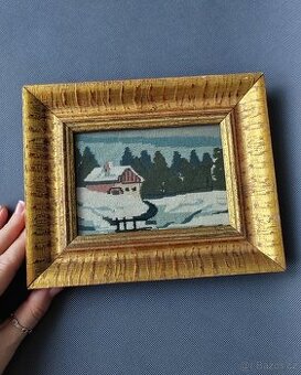 Starožitná gobélínová výšivka v luxusním zlatém rámu