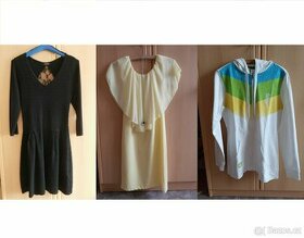 Černé úpletové šaty, lehké žluté šaty, bílá mikina