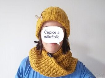 Nová sada dámské vlněné čepice a nákrčníku v hořčicové
