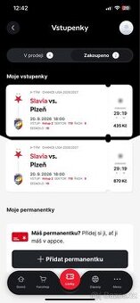 Prodám 2 vstupenku Slavia - Plzeň