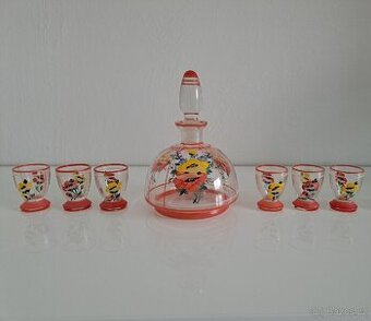 Ručně malovaná retro sada – karafa + 6 panáčků, 60.–70. léta