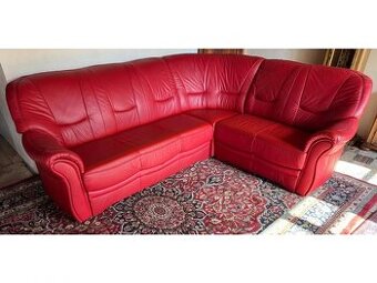 Rohová rozkládací kožená červená sedačka,4670