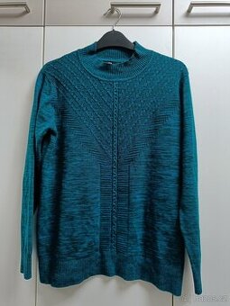 Dámský žíhaný tyrkysový svetr s plastickým vzorem L