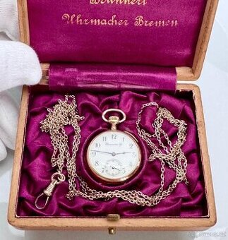 18K CELO ZLATÉ KAPESNÍ HODINKY CHRONOMETRE LIP S ETUI A ŘETÍ