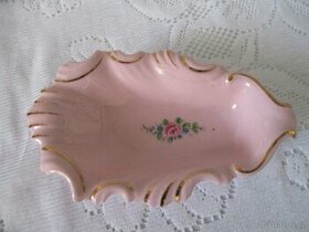 Růžový porcelán miska  list značeno JSK  zdobeno 14 karát. - 1