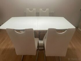 Jídelní stůl rozkládací bílý, skleněná deska + židle
