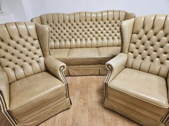 Chesterfield štýl,kožená vysoká sedačka,farba cappuccino